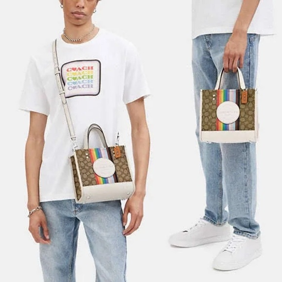 Coach Dempsey Tote 22 In Signature Jacquard With Rainbow Stripe And Coach Patch - Picture 2 of 15